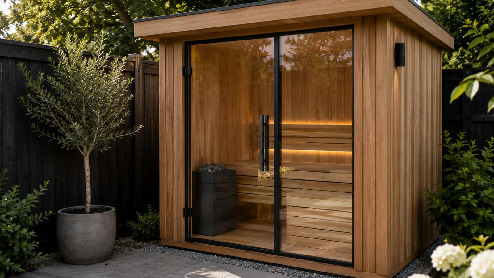 Bespoke cedar-clad outdoor sauna with glass front in a Bedfordshire garden