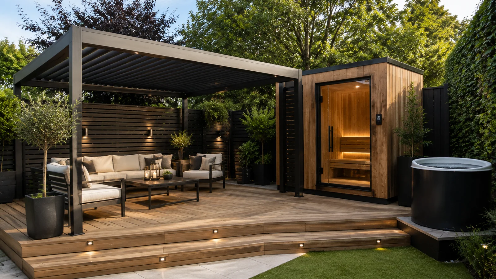 Bespoke cedar outdoor sauna with glass front set on a timber deck