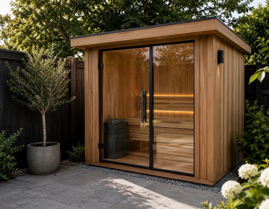 Compact garden sauna with cold plunge tub alongside