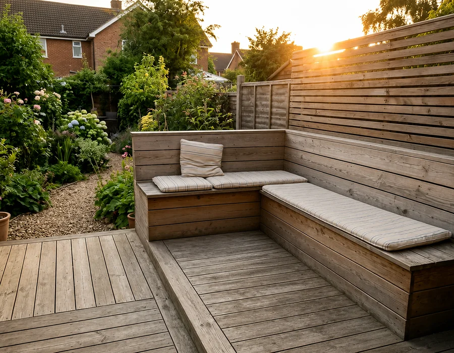 Multi-level raised timber decking with built-in seating