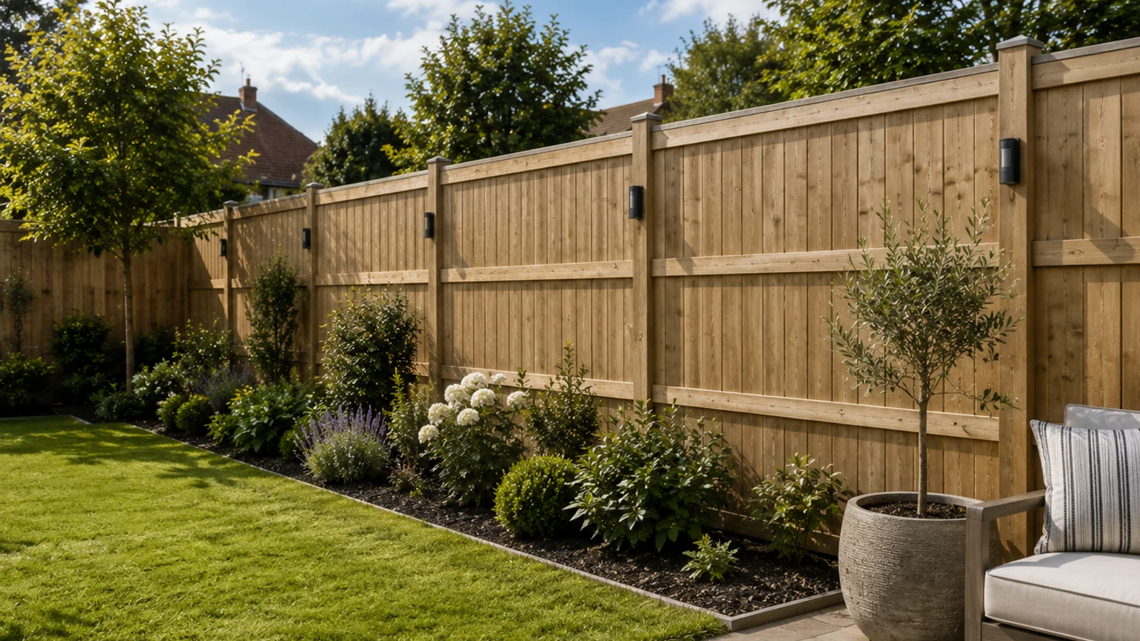 Newly installed composite privacy fencing along a Bedfordshire garden boundary