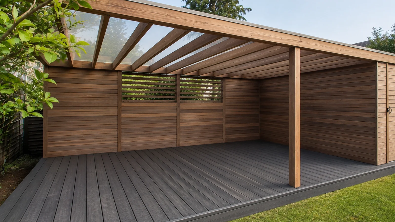 Split view comparing a composite deck and a natural timber deck in a British garden