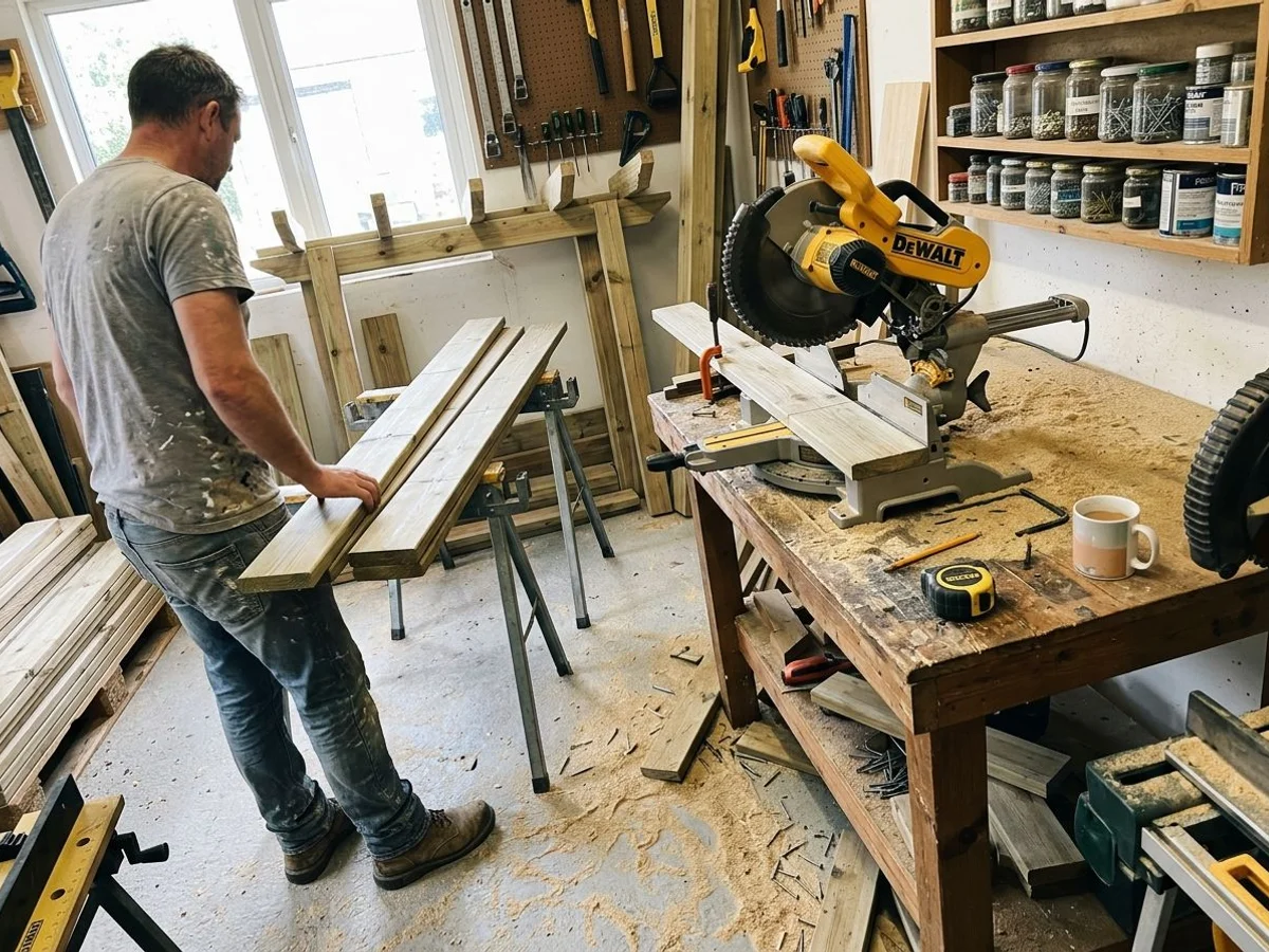 Well-organised workshop with decking boards and pergola components laid out for cutting